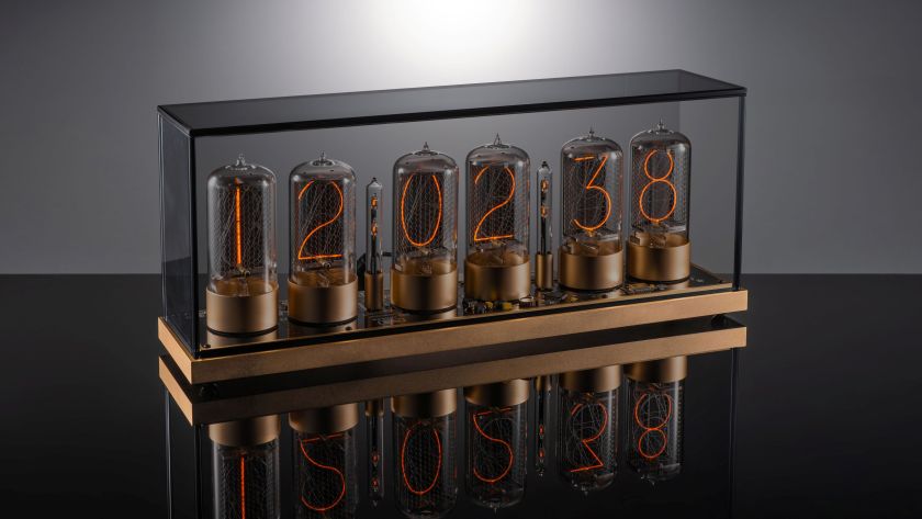 ZIN70 Nixie Tube Clock – Gold Case, Gold Bases & Tinted Glass Dome | Millclock