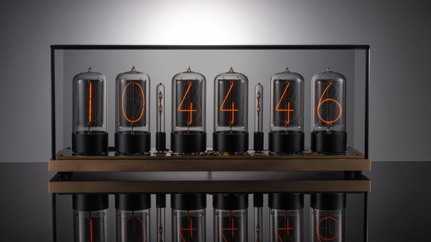 ZIN70 Nixie Tube Clock — Gold Case, Black Bases & Tinted Glass Dome | Millclock