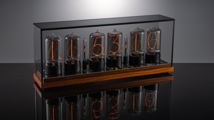 ZIN70 Nixie Tube Clock – Dark Walnut Base, Black Tube Bases & Smoked Glass | Millclock
