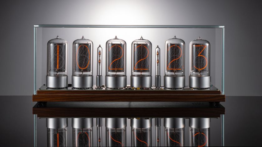 ZIN70 Nixie Tube Clock – Dark Walnut Base, Silver Tube Bases, Clear Glass | Millclock