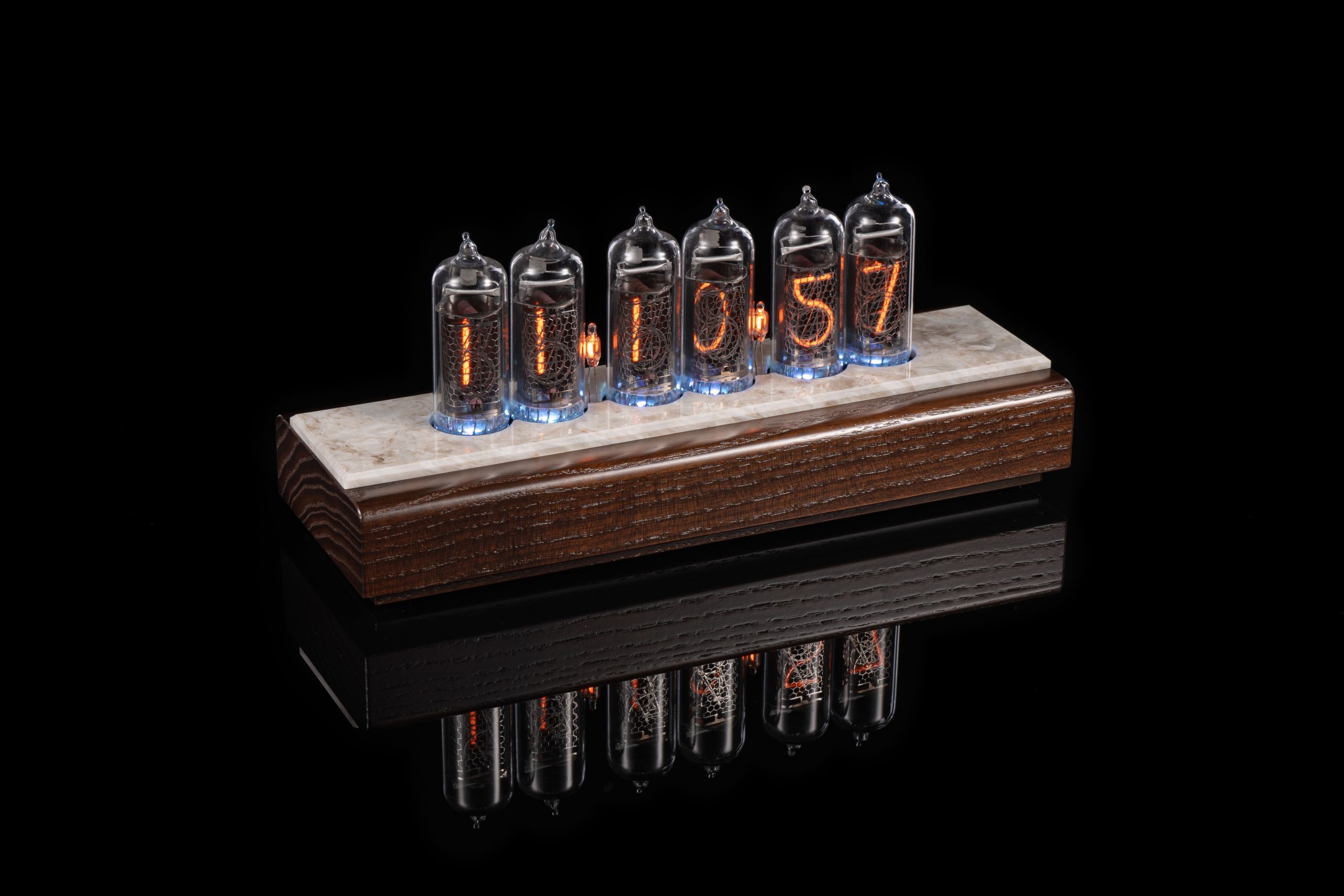 IN-14 Nixie Clock — Dark Ash Wood & Artificial Stone Top | Millclock