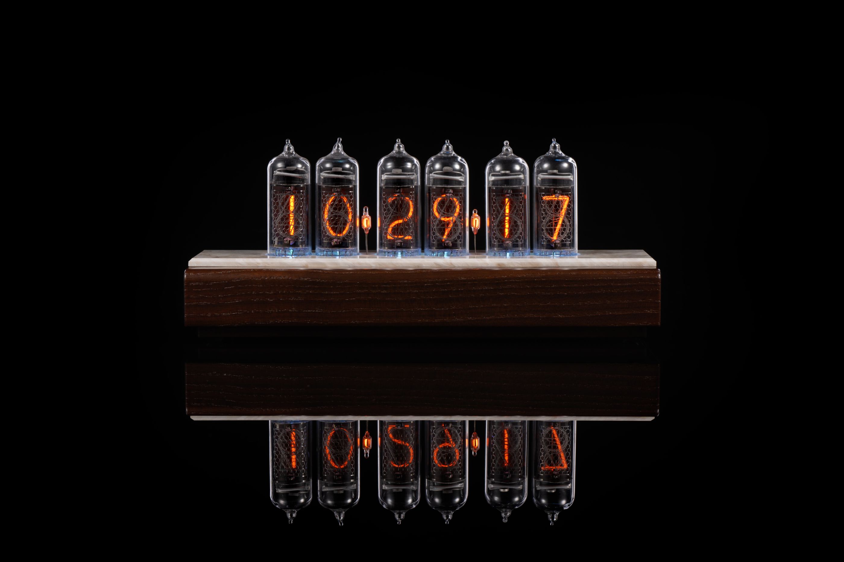 IN-14 Nixie Clock — Dark Ash Wood & Artificial Stone Top | Millclock