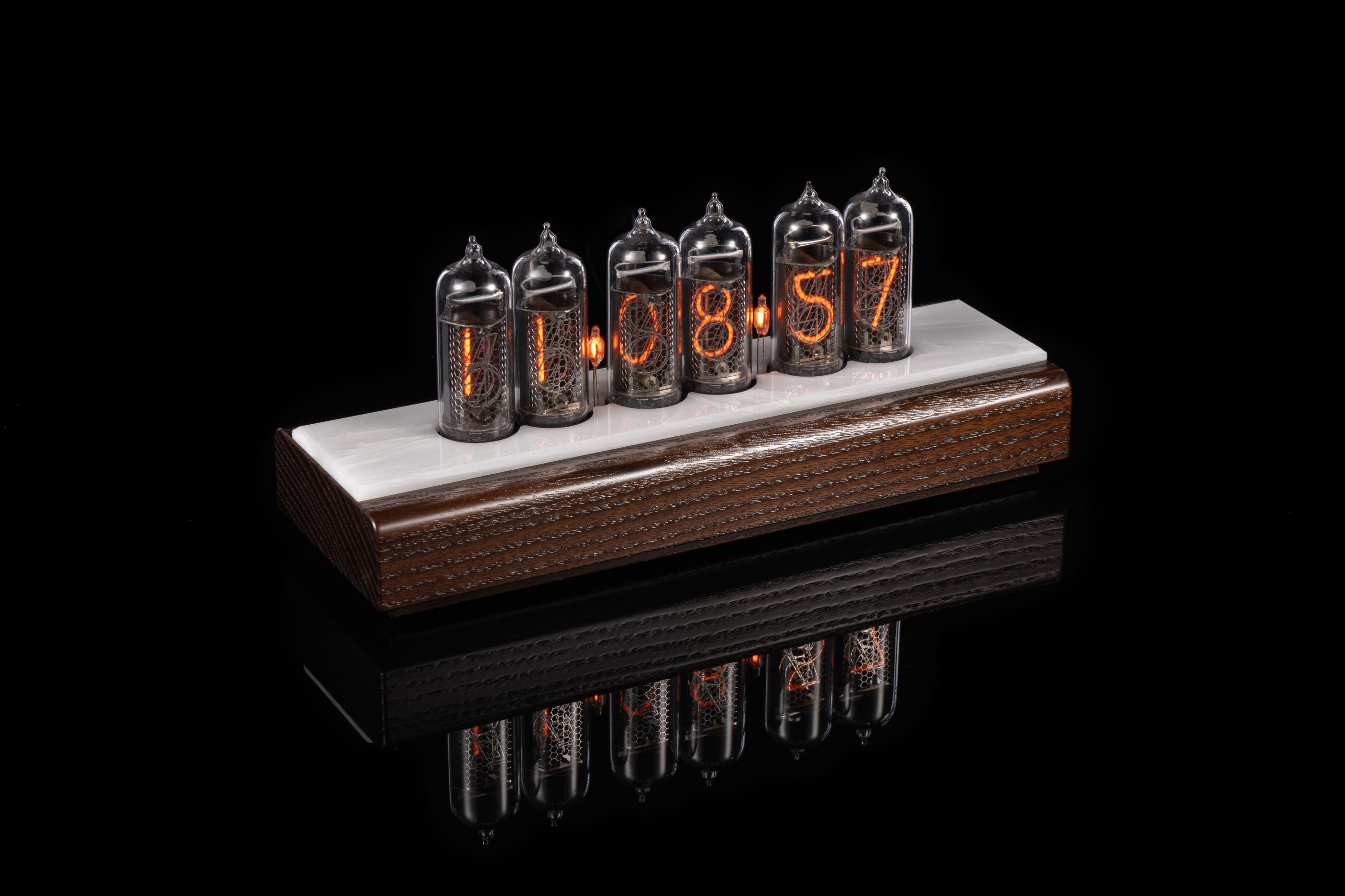 IN-14 Nixie Clock — Dark Ash Wood & Artificial Stone Top | Millclock