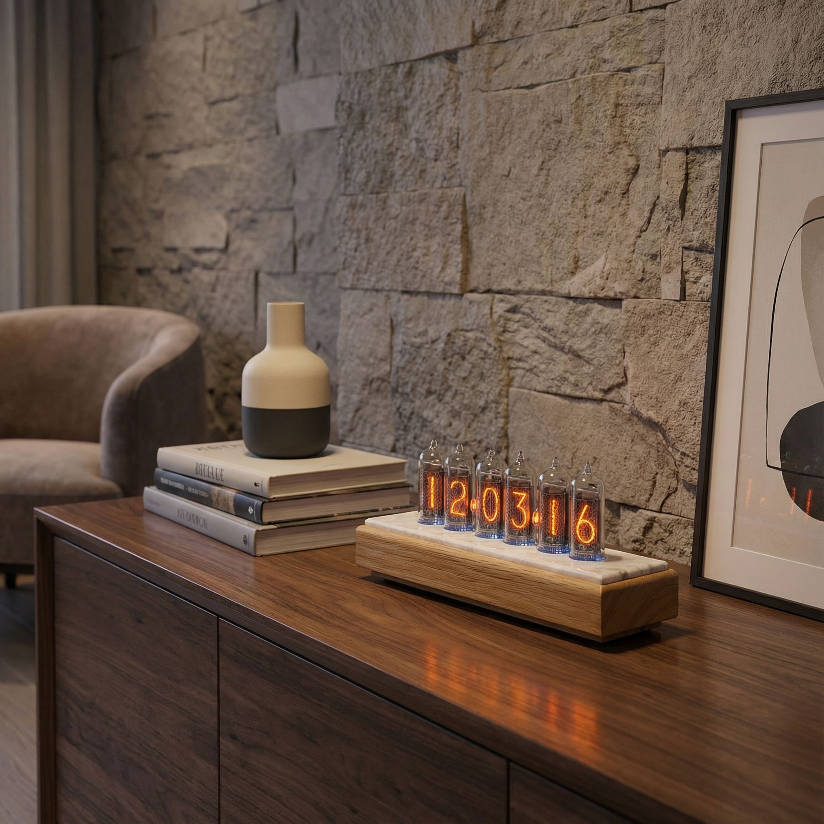 IN-14 Nixie Tube Clock – Light Ash & Stone Case | Millclock